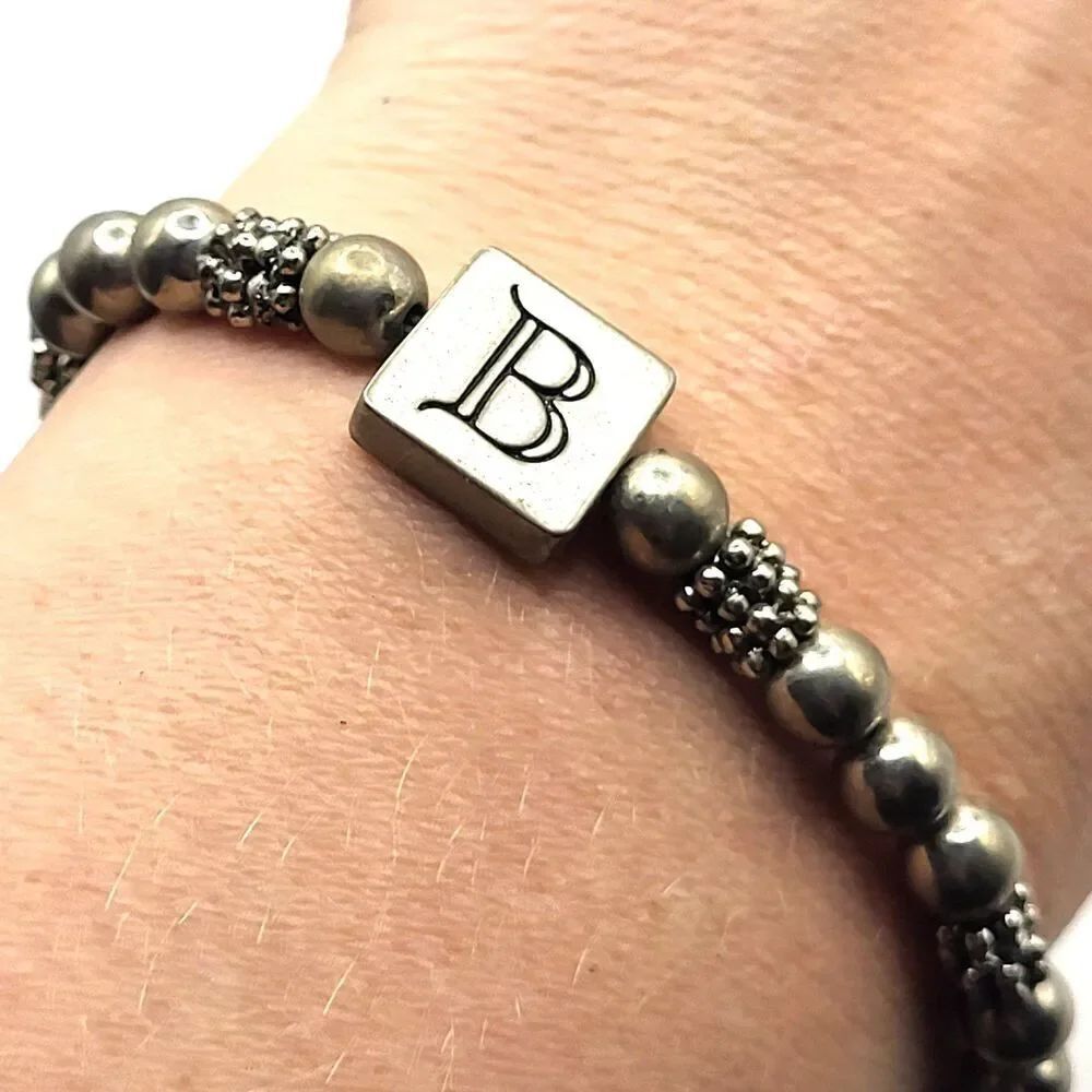 Artisan Petwer Beaded Stretch Bracelet with a Square Initial 'B' Charm 7in